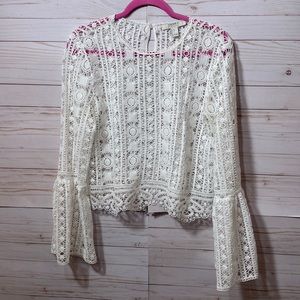 Forever 21 Women's Cut Out Eyelet Bell Sleeve White Top